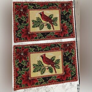 Vtg Christmas Tapestry Placemats Poinsettias Set of 2 Red Black Holiday